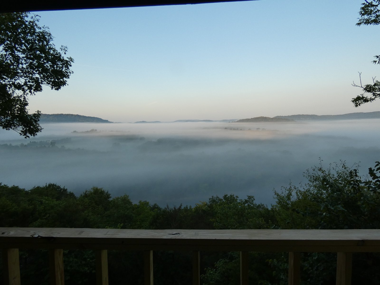 On the Rocks view from deck at sunrise, fog over the White River valley