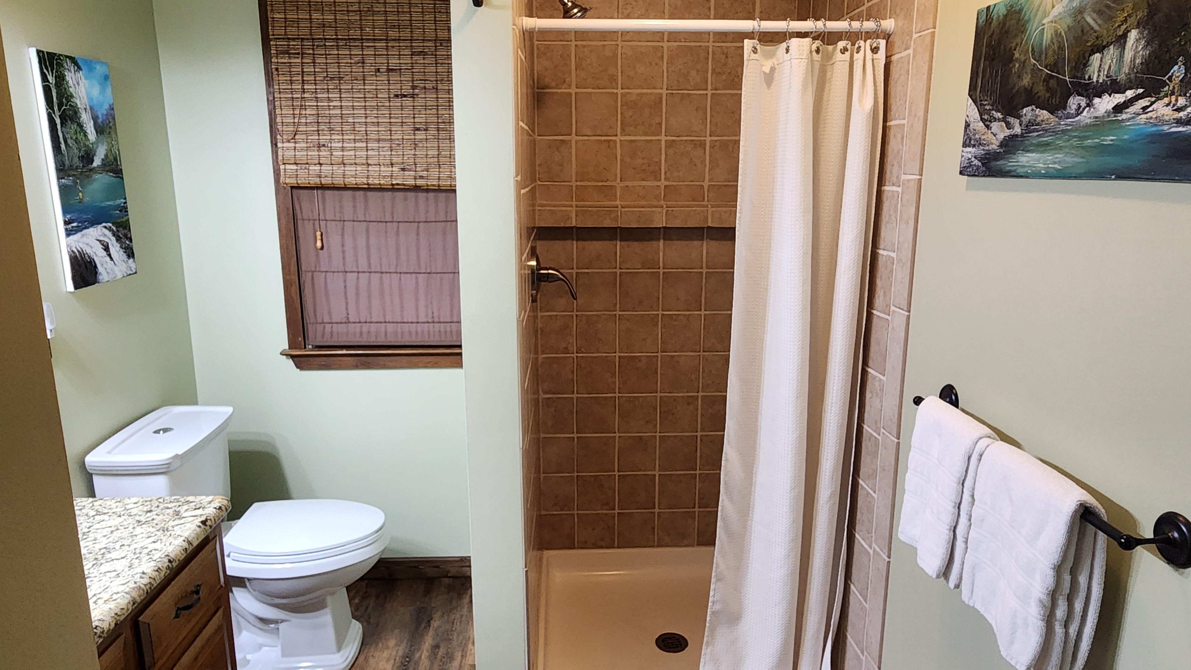 Valley View bathroom with tile shower and fly fishing artwork