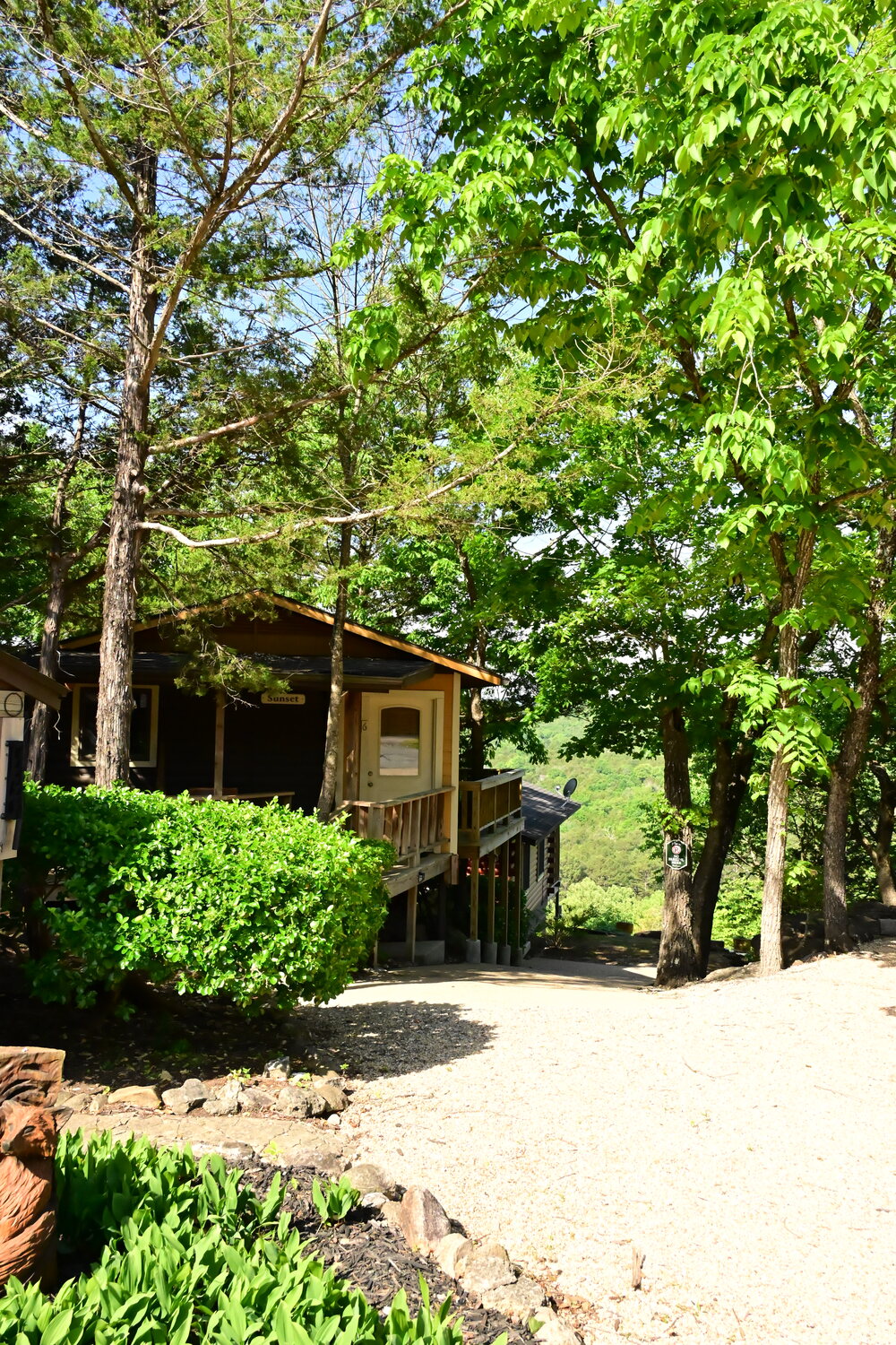 Rustic birdhouse mounted on a tree among the cabin grounds