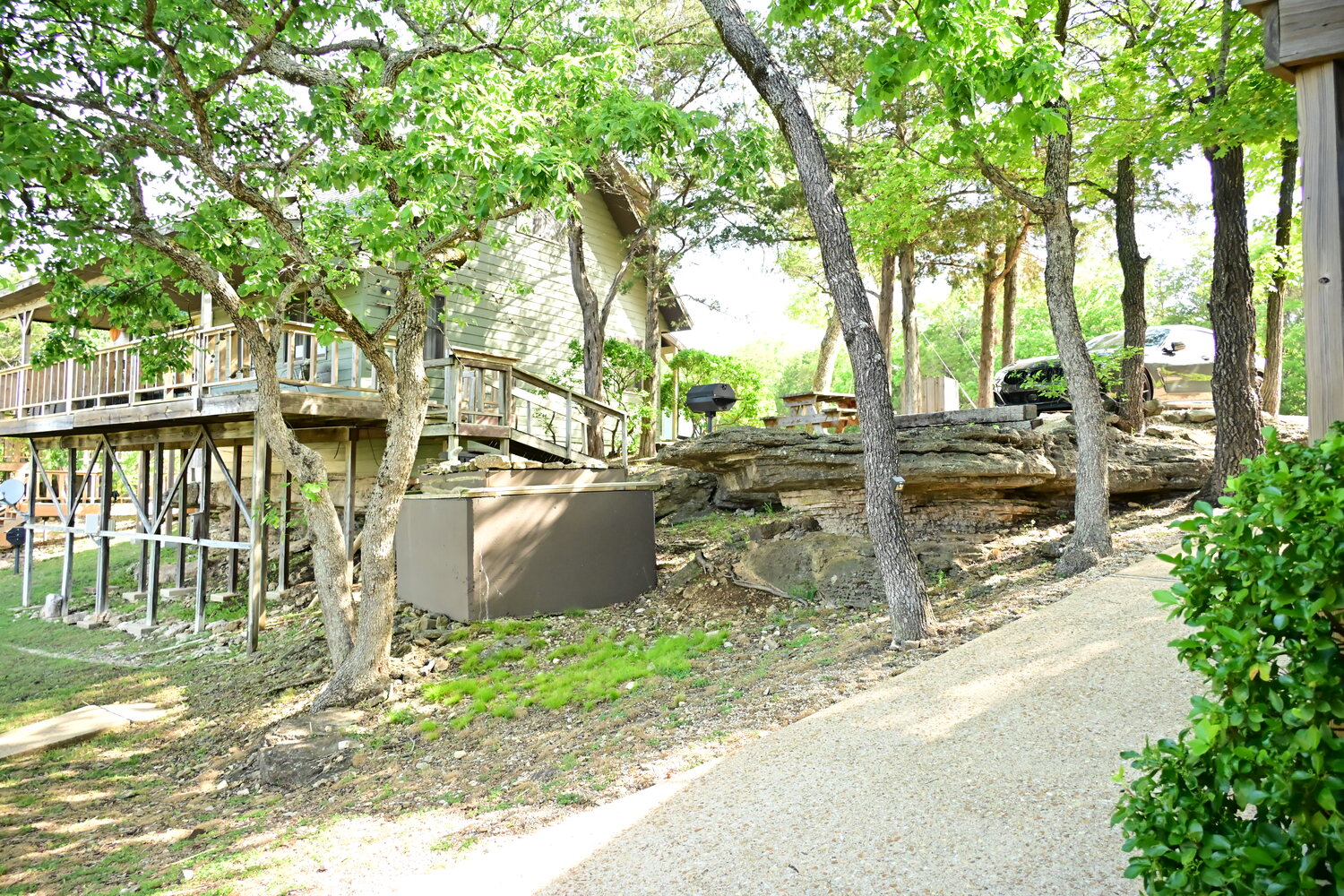 Tree-lined gravel path through the wooded grounds of White River Cabins